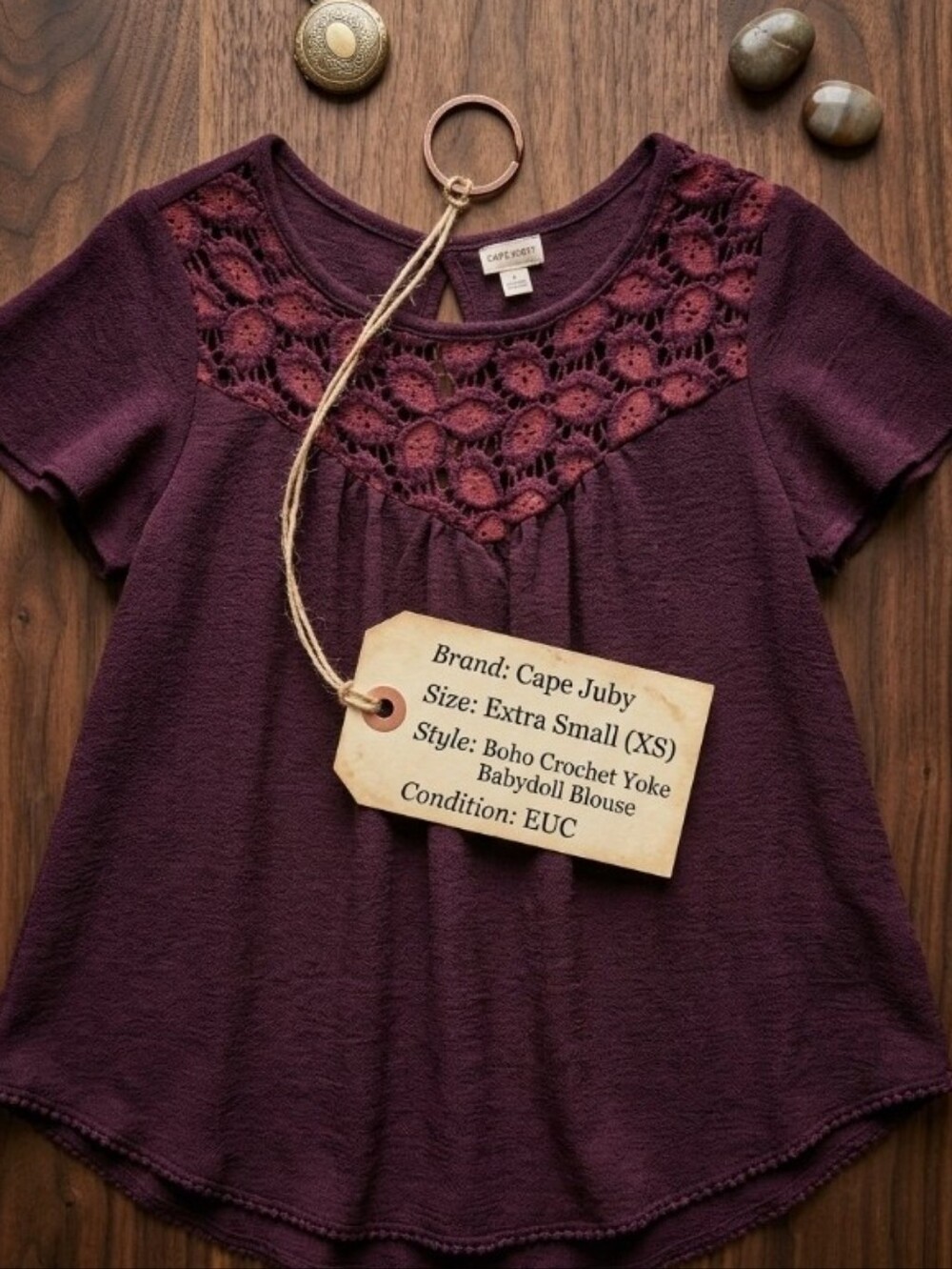 Cape Juby Burgundy Crochet Lace Yoke Boho Babydoll Peasant Top Blouse XS Y2k Mal